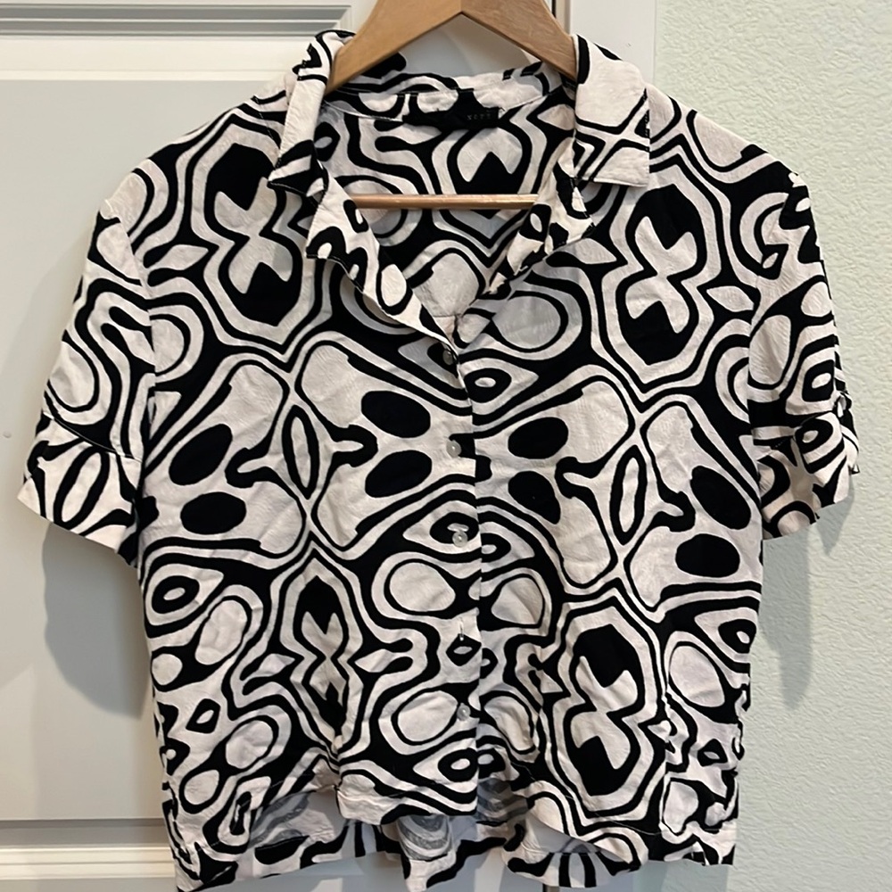 funky black and white cropped button up